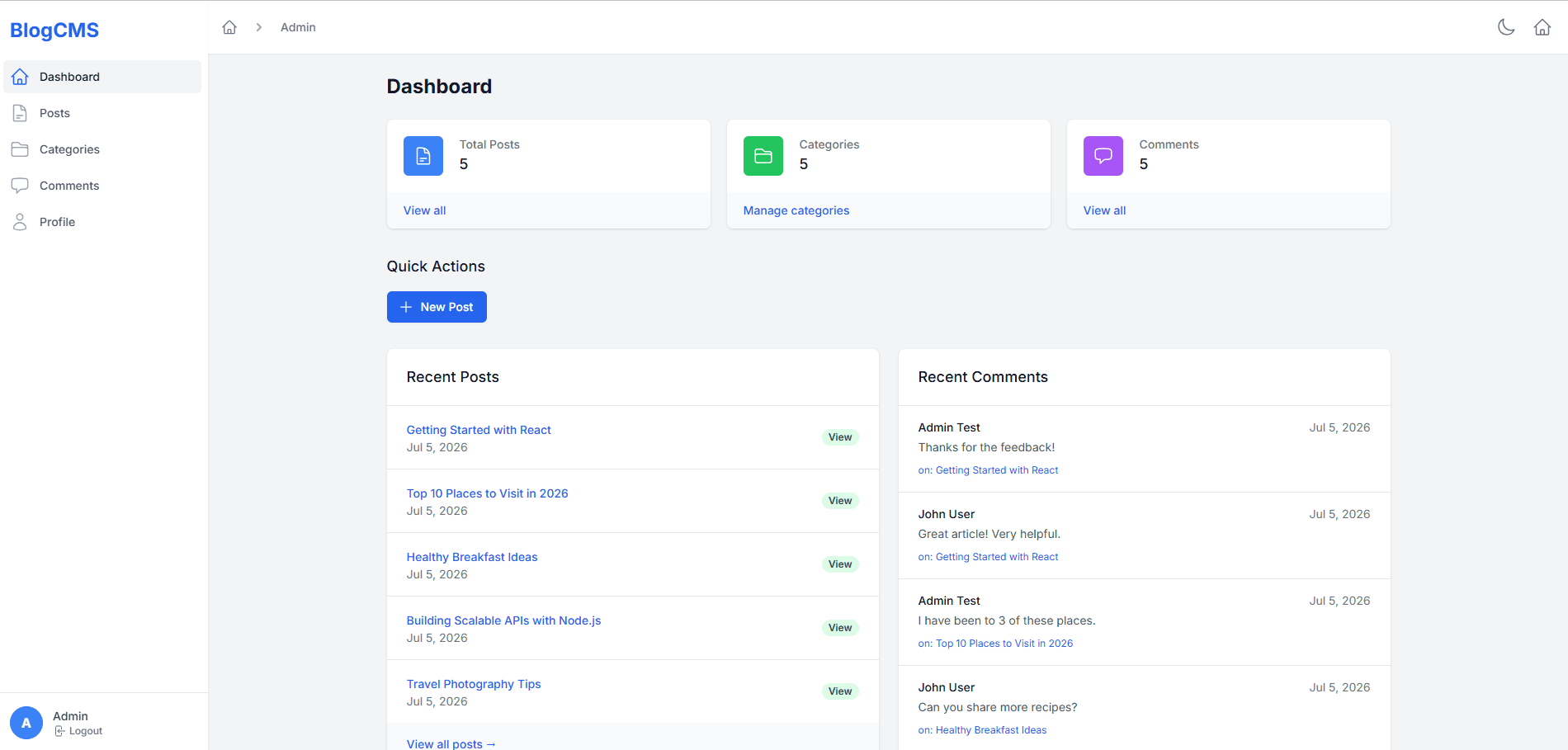 Blog Cms interface screenshot
